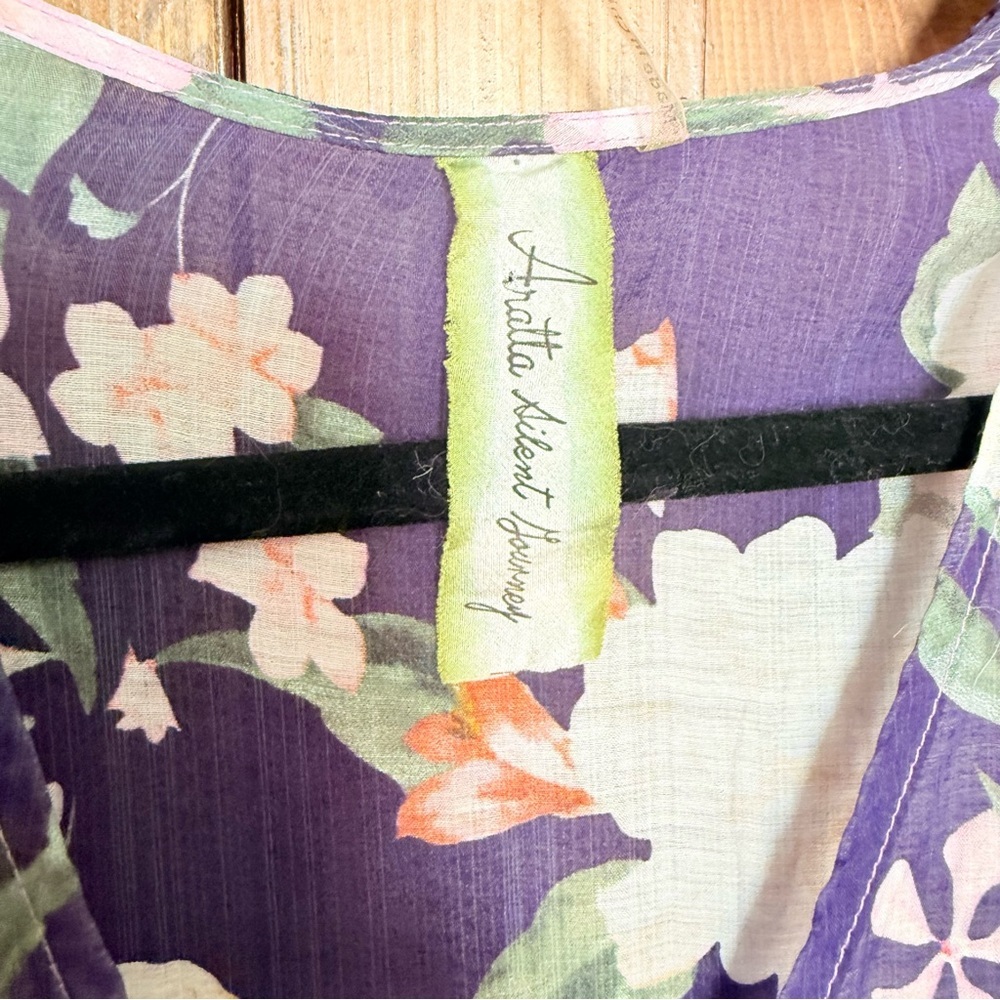 Aratta Silent Journey Wrap Kimono Crocheted Bell Sleeve Purple Floral Dress Sz S - Picture 4 of 10